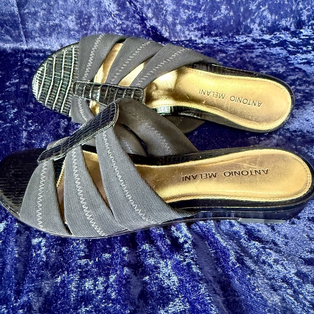Antonio Melani Black Patent Leather & Canvas Low Wedge Mules/Sandals - Size 8.5M